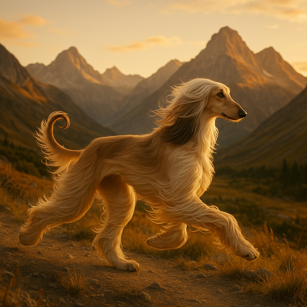 Afghan Hound en pleine course dans un paysage montagneux