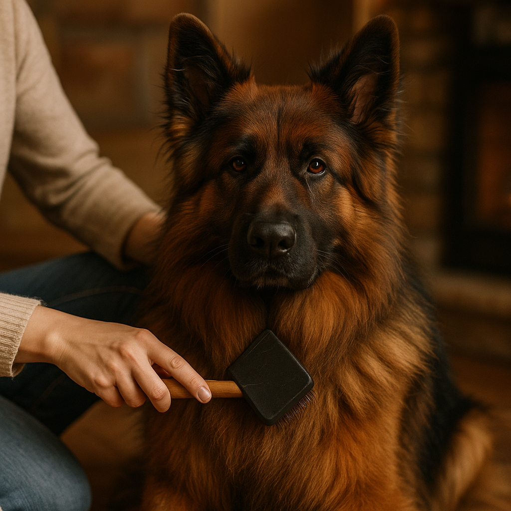 Altdeutscher Schäferhund pendant une séance de brossage pour entretenir son pelage épais
