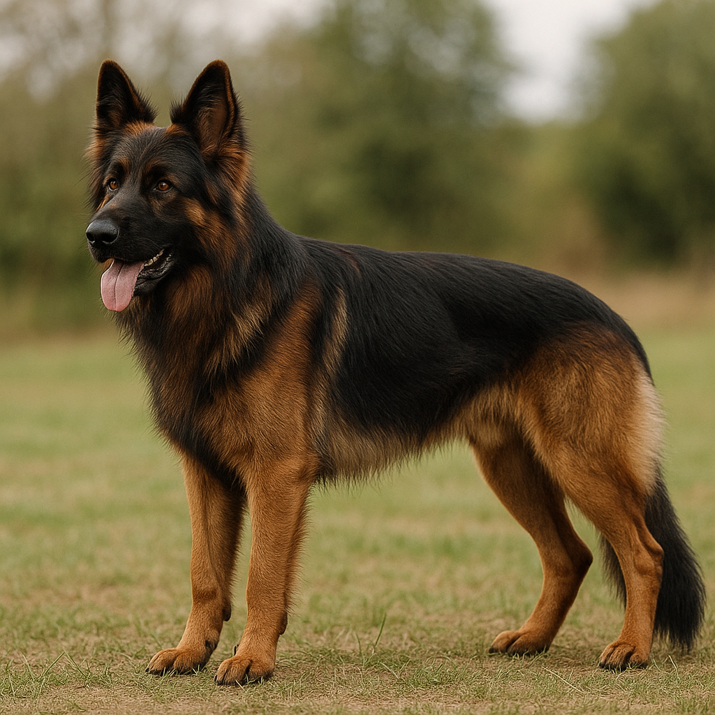 Portrait d’un Altdeutscher Schäferhund debout en plein air, montrant sa morphologie droite et athlétique