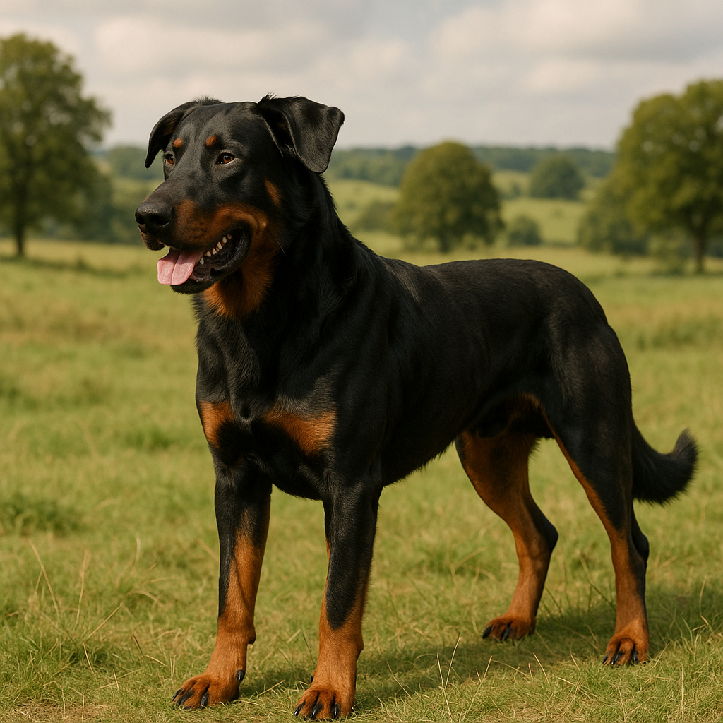 Beauceron athlétique debout dans un paysage pastoral