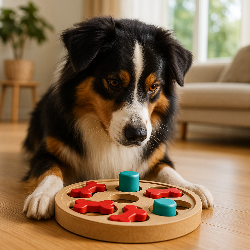 Berger Australien jouant avec un puzzle à friandises