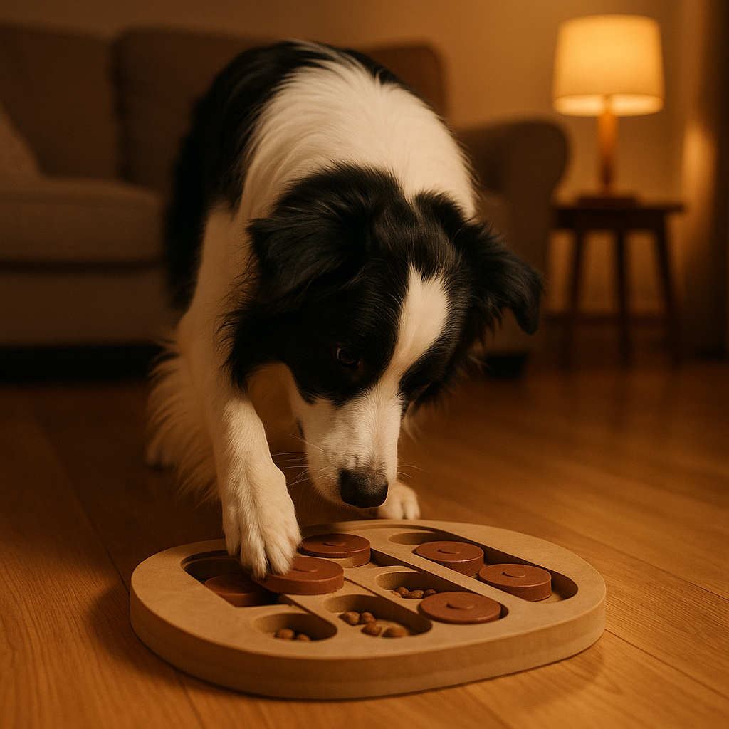 Border Collie jouant avec un jouet de stimulation mentale à la maison