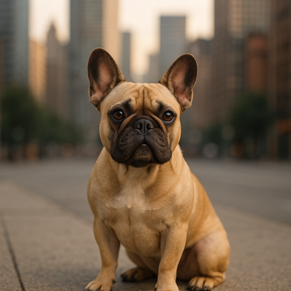 Bouledogue Français assis dans une rue de ville, oreilles dressées et regard vif