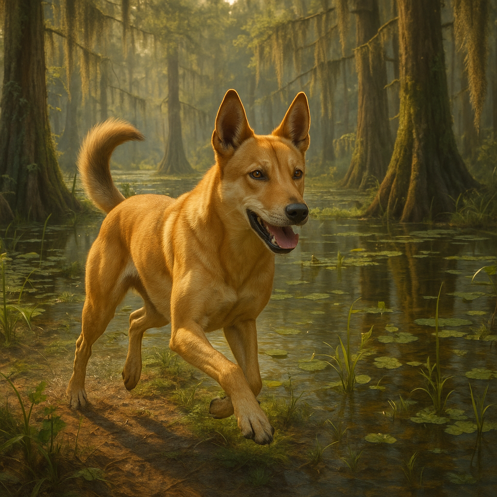Carolina Dog courant dans un marais baigné de lumière