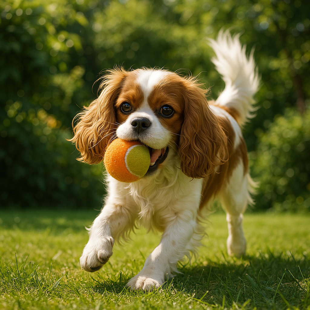 Cavalier King Charles Spaniel jouant avec une balle dans un jardin ensoleillé