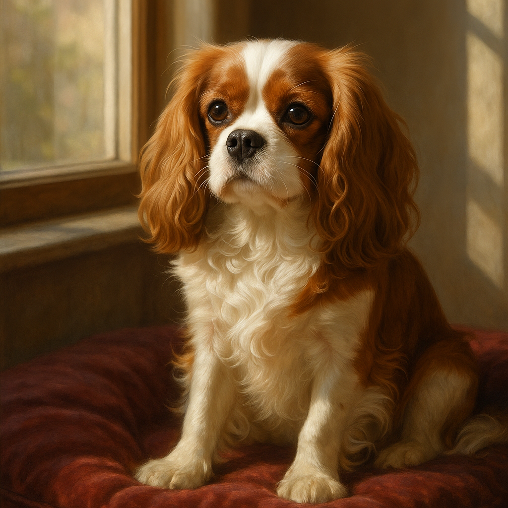 Cavalier King Charles Spaniel assis sur un coussin de velours près d'une fenêtre
