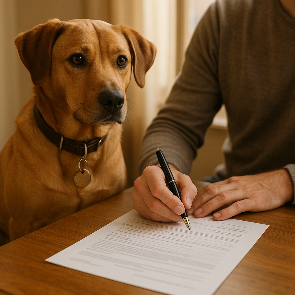 Chien avec collier et propriétaire signant un formulaire d'identification devant une table