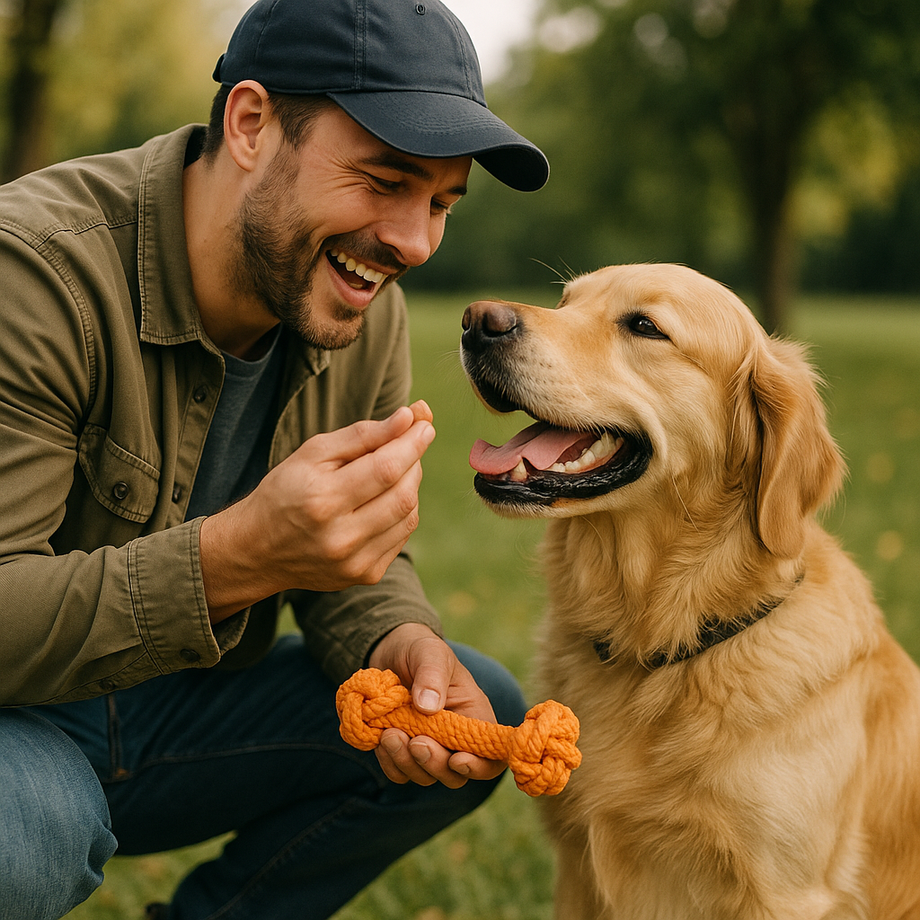 Propriétaire félicitant son chien avec une friandise et un jouet après un rappel réussi
