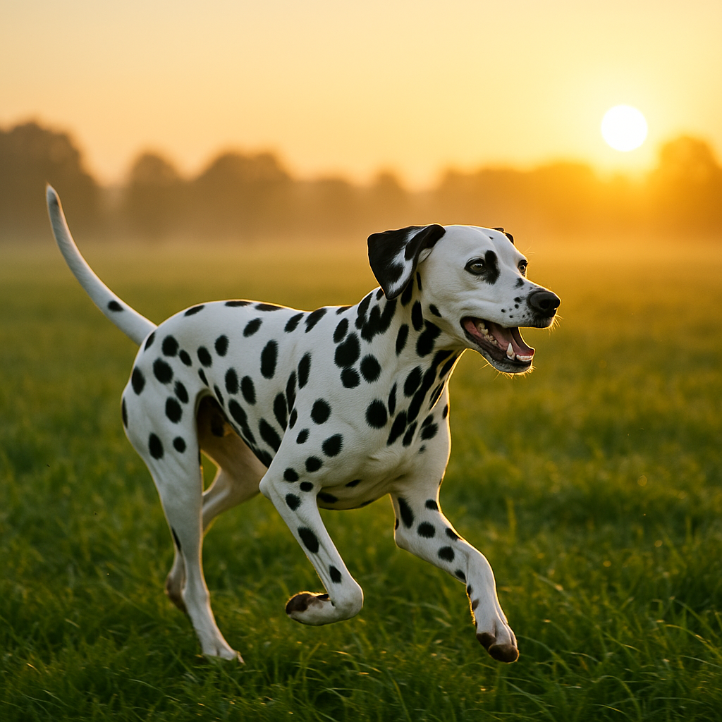 Dalmatien courant dans un champ verdoyant avec ses taches bien marquées