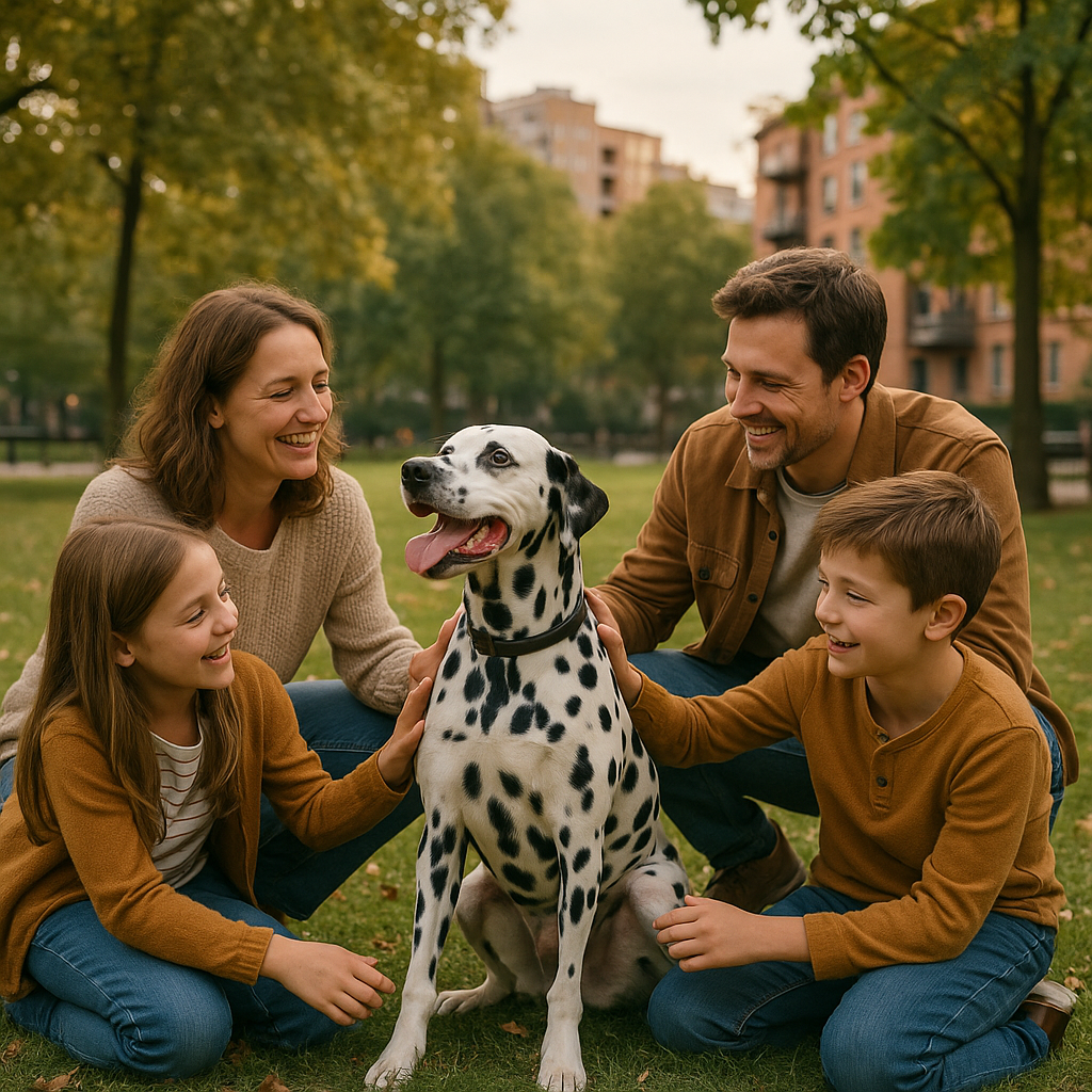 Dalmatien jouant avec une famille dans un parc urbain ensoleillé