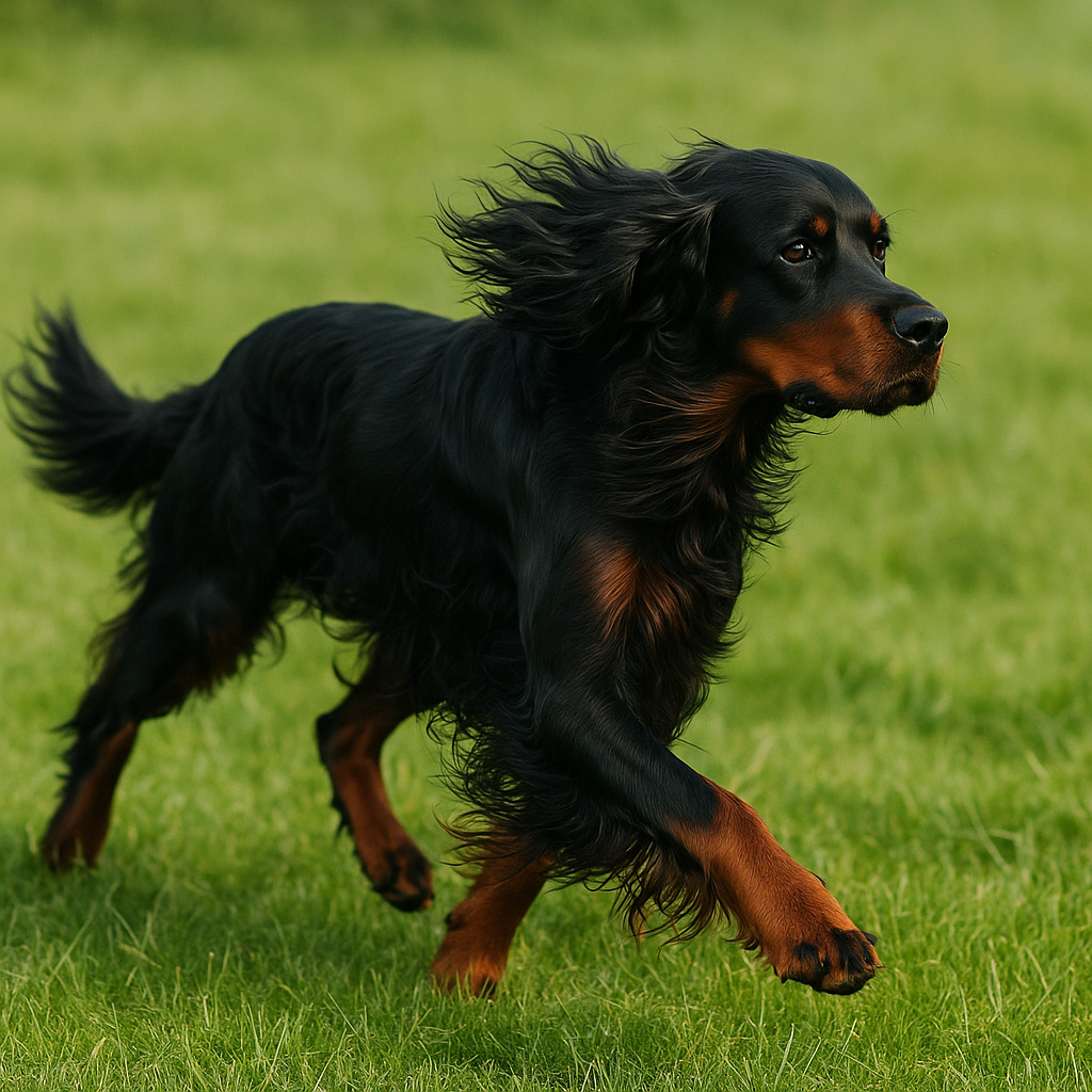 Gordon Setter courant sur un terrain verdoyant