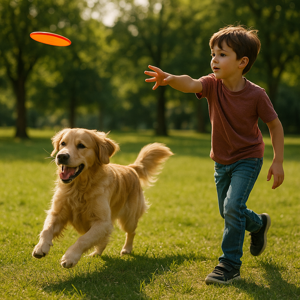Golden Retriever jouant avec un enfant dans un parc