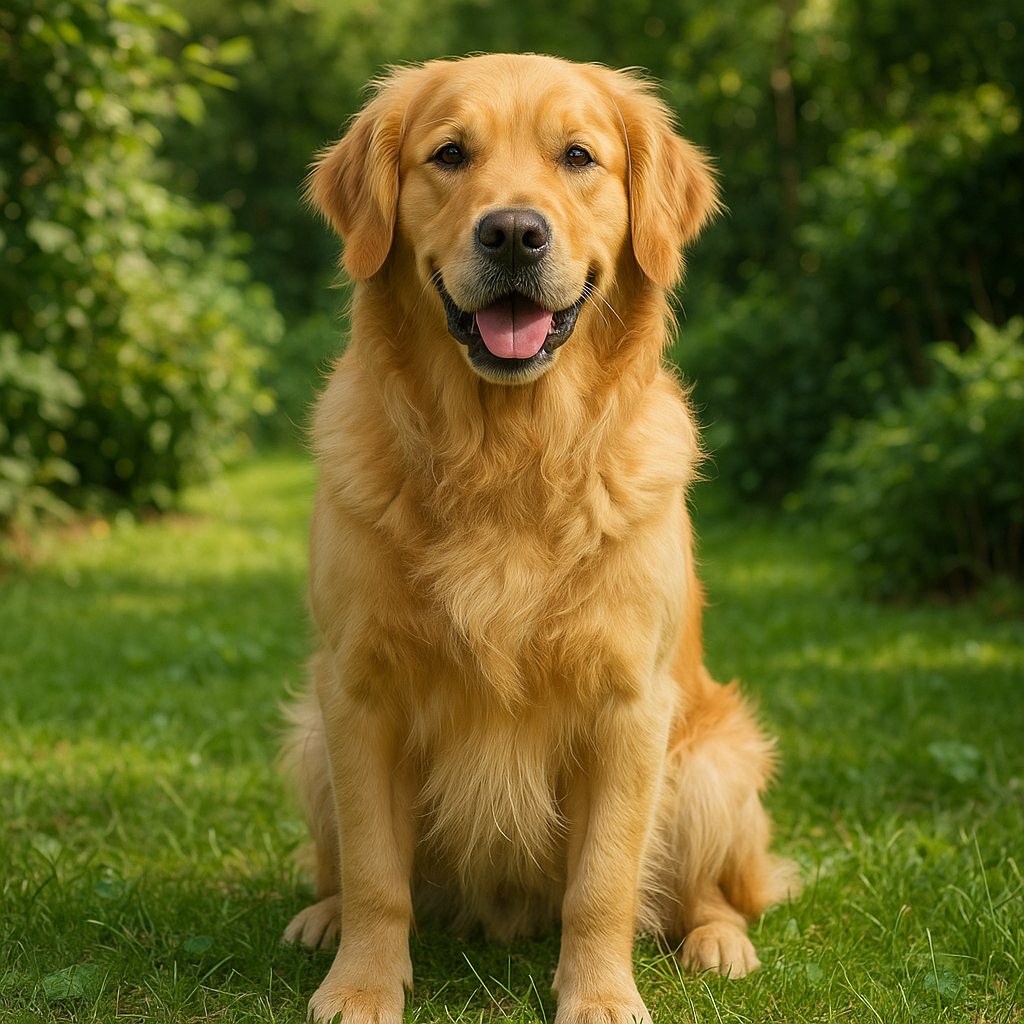 Portrait d'un Golden Retriever assis dans un jardin verdoyant