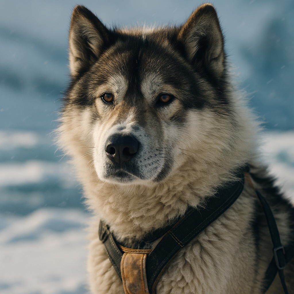 Portrait d’un Greenland Dog en harnais avec son pelage épais et un paysage arctique