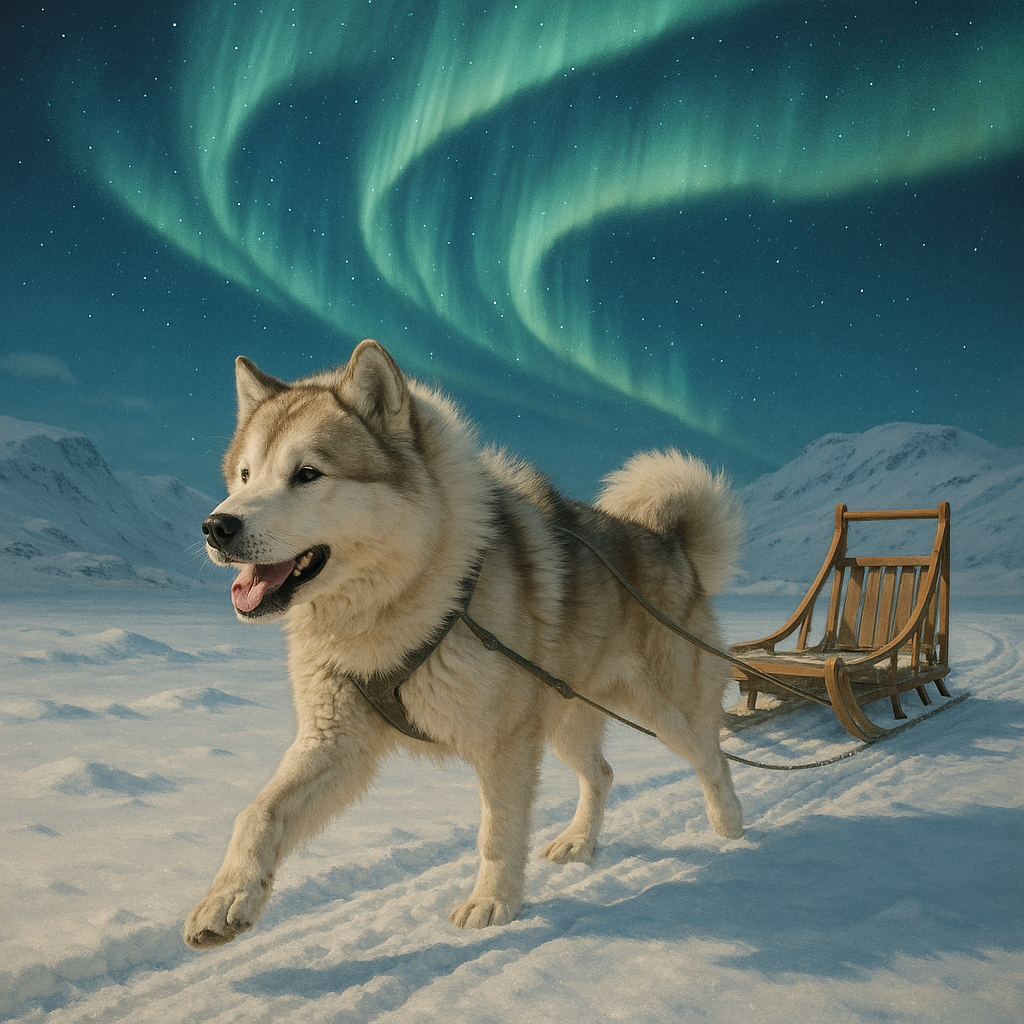 Greenland Dog en plein effort tirant un traîneau dans la neige
