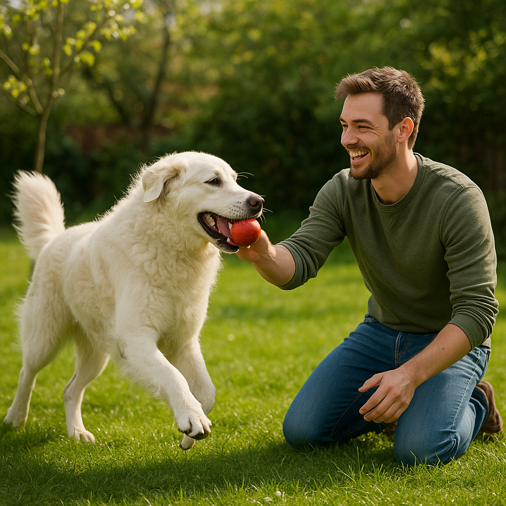 Kuvasz jouant avec son maître dans un jardin