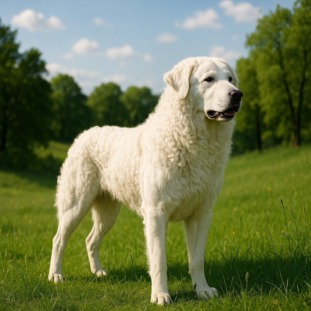 Un Kuvasz debout dans une prairie verdoyante