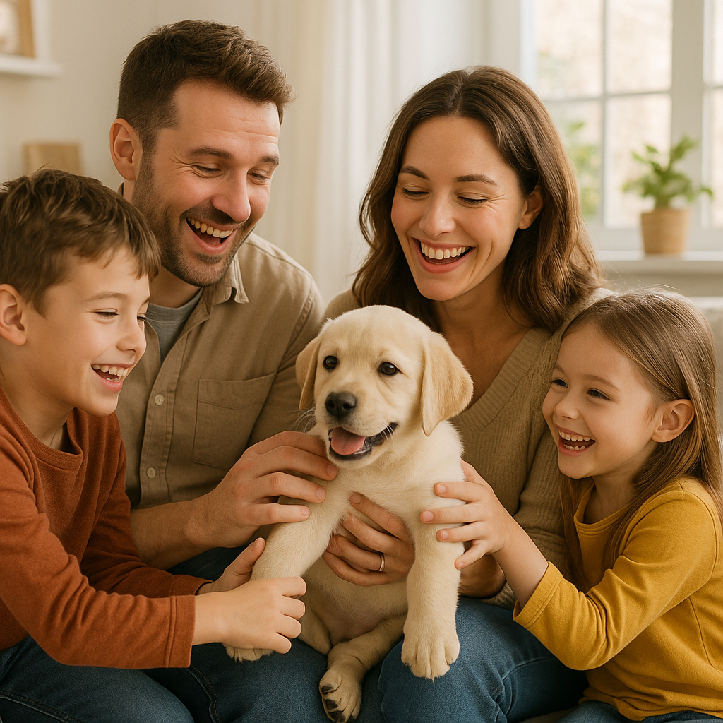 Famille accueillant un chiot Labrador Retriever de refuge