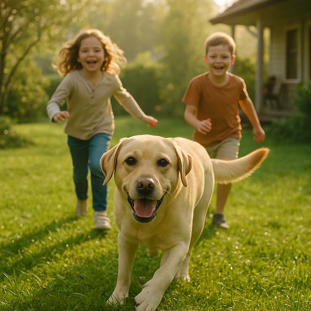 Labrador Retriever jouant dans un jardin avec des enfants