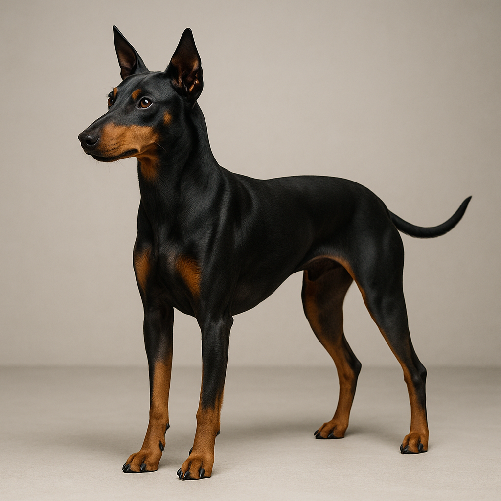 Portrait d’un Manchester Terrier élégant debout dans un studio minimaliste