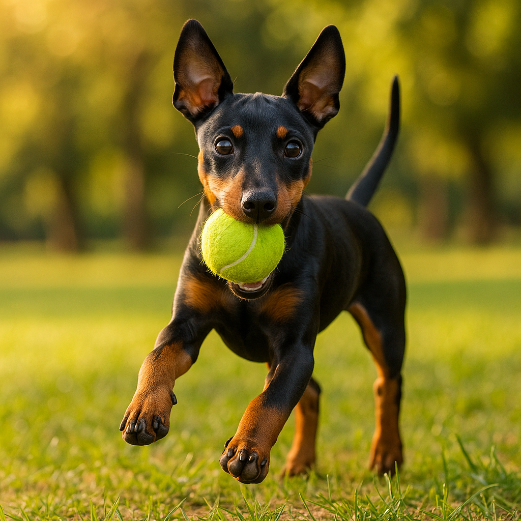 Un chiot Manchester Terrier jouant au parc en plein soleil