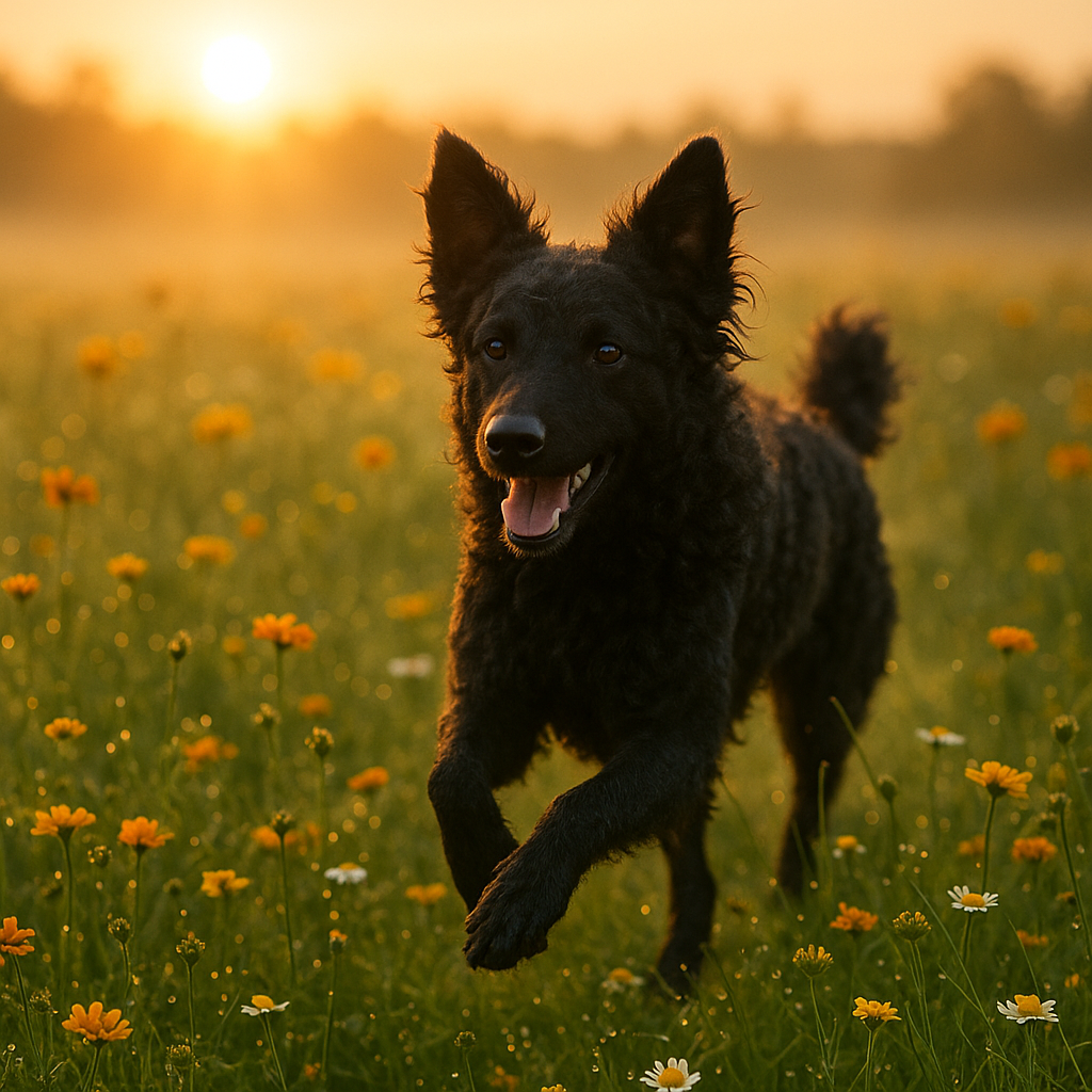 Mudi courant dans un champ de fleur au lever du soleil