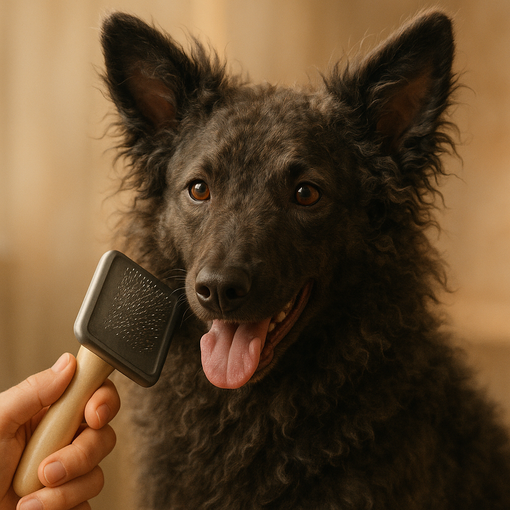 Brossage du pelage d’un Mudi avec une brosse adaptée