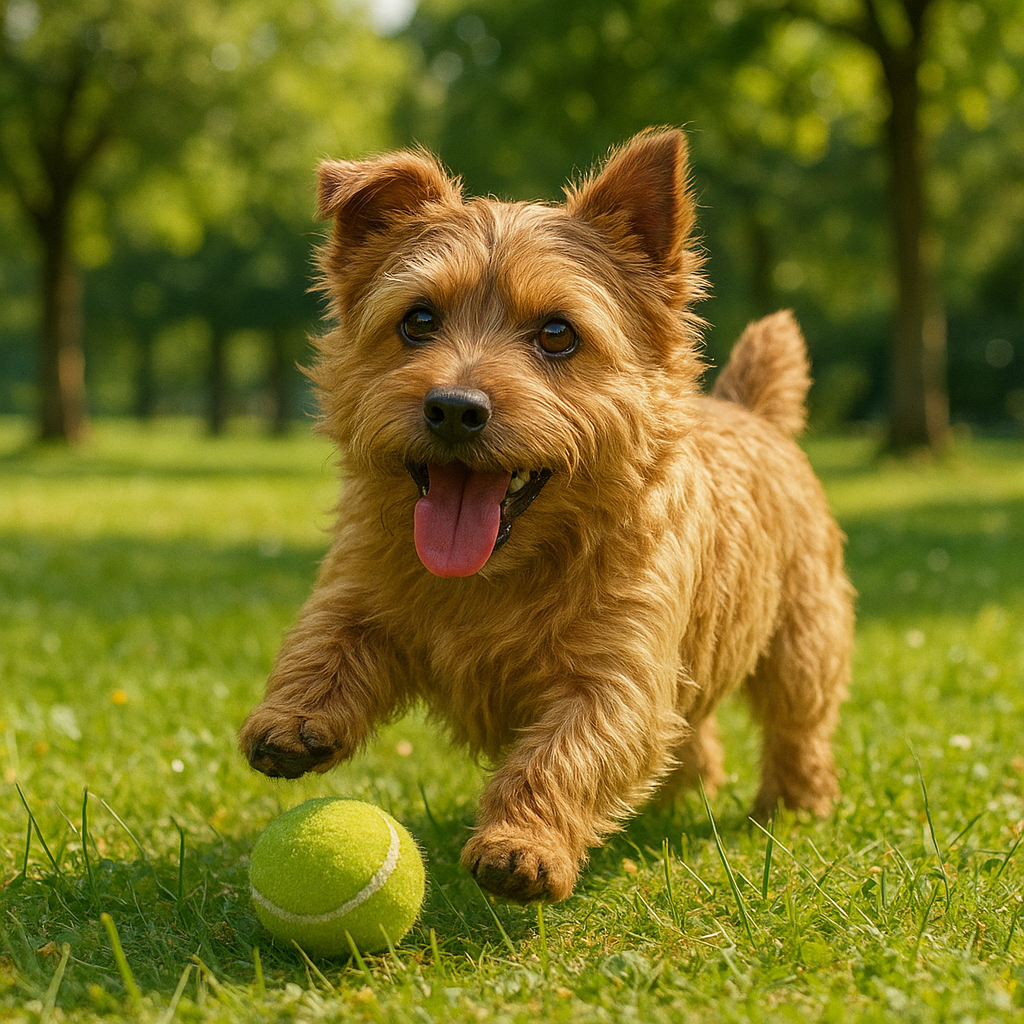 Norfolk Terrier jouant avec une balle dans un parc, ambiance joyeuse