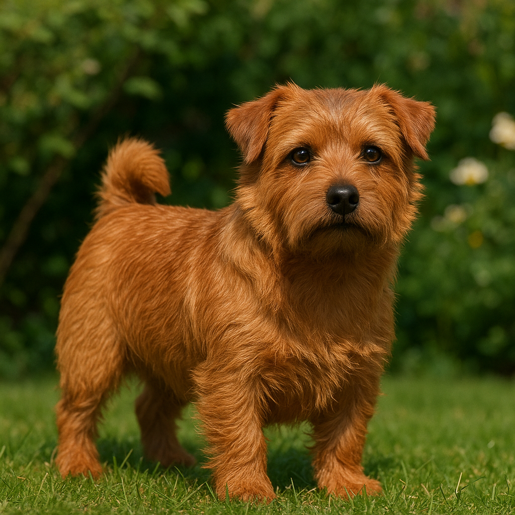 Norfolk Terrier debout dans un jardin, profil compact et pelage rouge