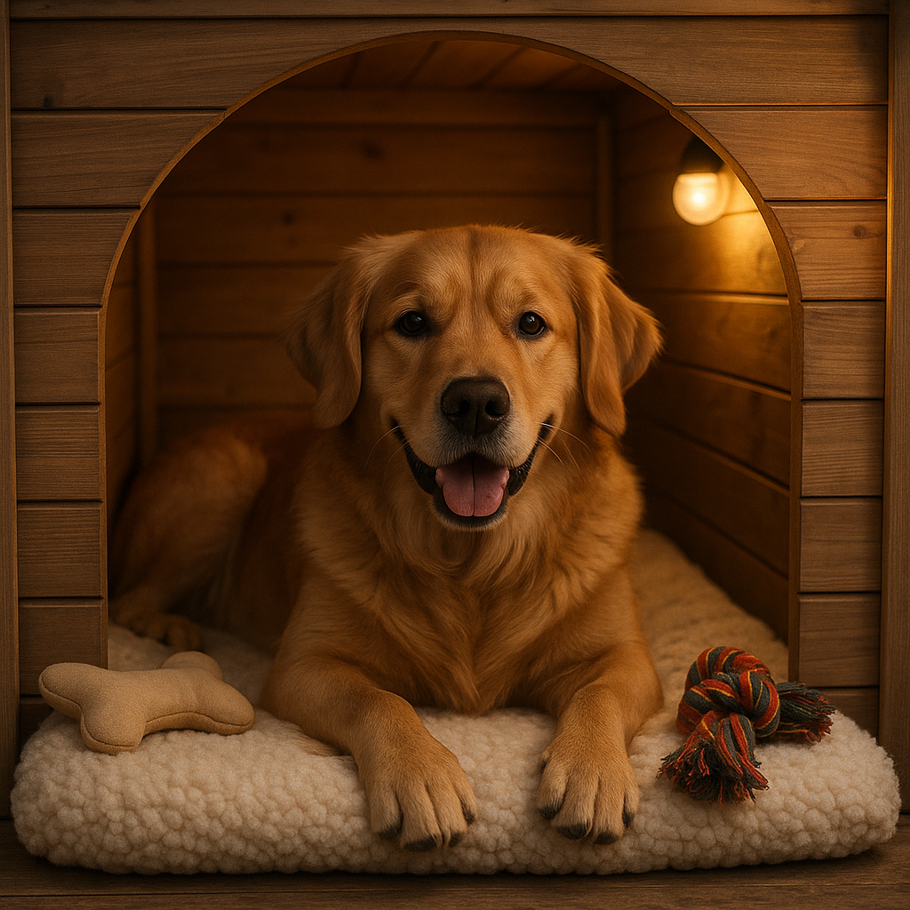 Chien détendu en pension canine entouré de jouets et confort