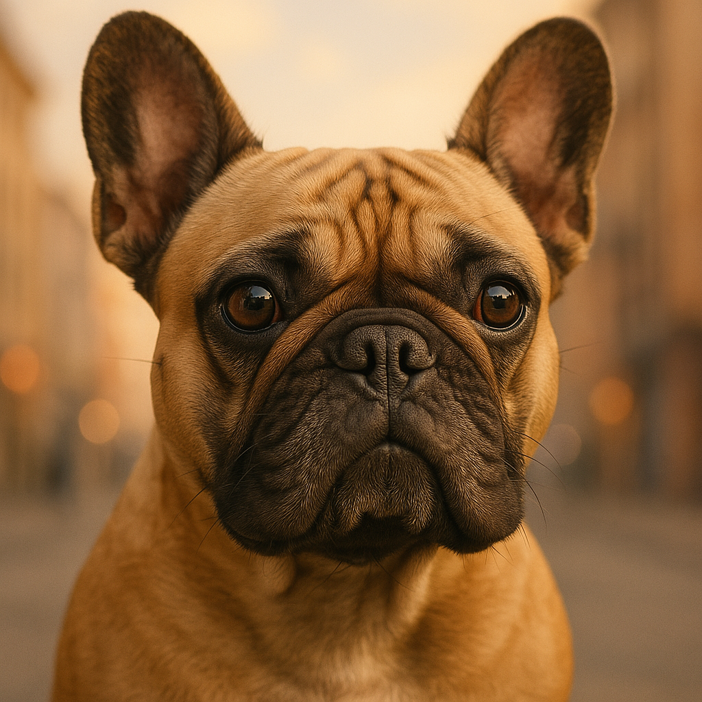 Portrait serré d’un Bouledogue Français avec un arrière-plan urbain flou