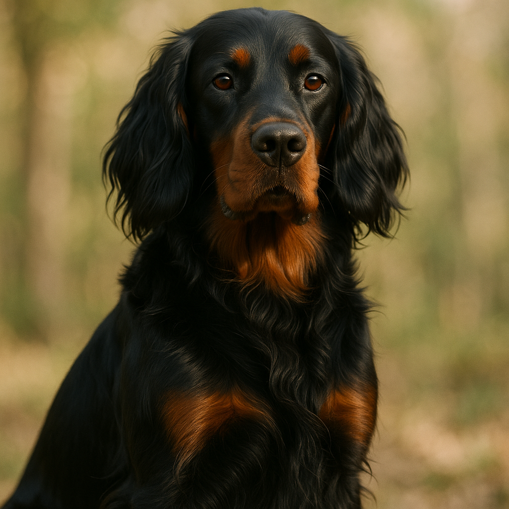 Portrait d’un Gordon Setter assis, regard attentif