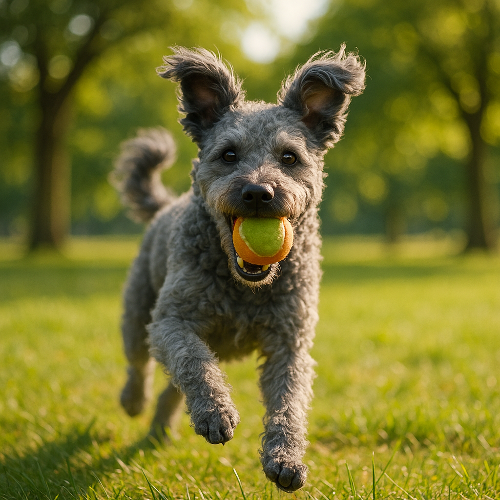 Pumi jouant à rapporter une balle dans un parc ensoleillé