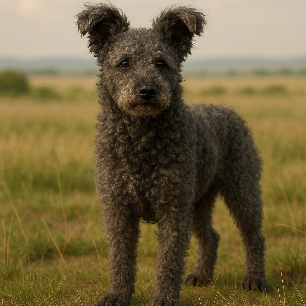 Pumi debout sur une prairie hongroise, mettant en valeur son pelage bouclé et ses oreilles dressées