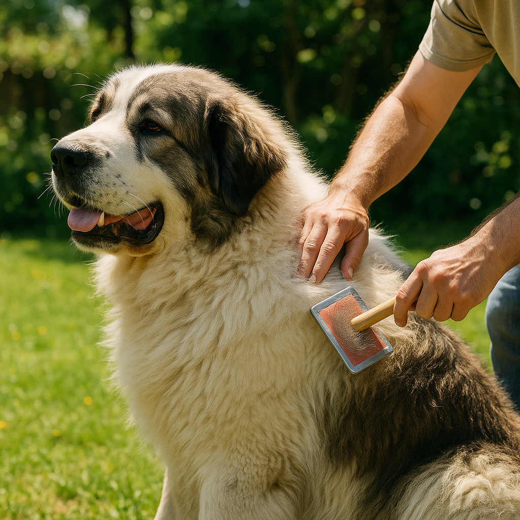 Mastiff des Pyrénées toiletté dans un jardin ensoleillé