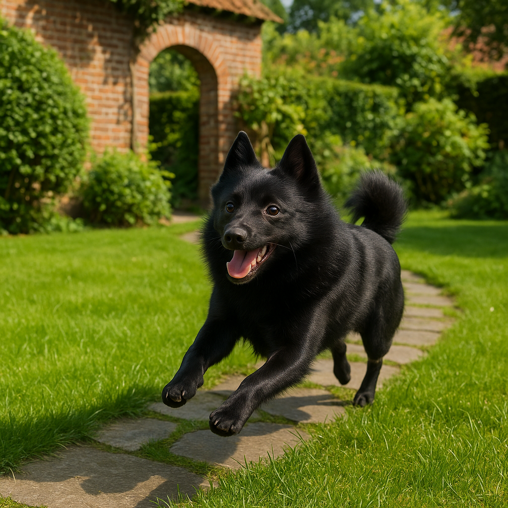 Schipperke en pleine course dans un jardin belge