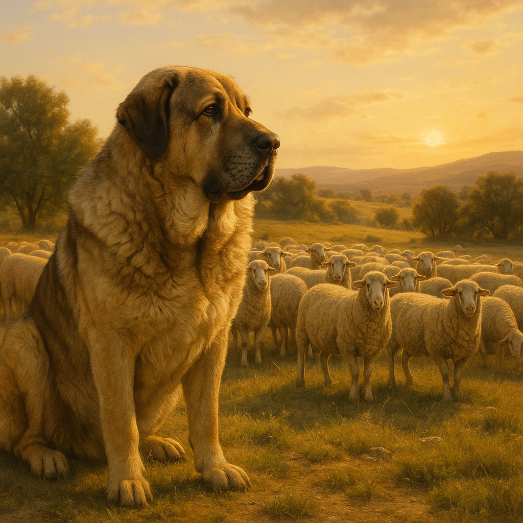 Spanish Mastiff en alerte près d'un troupeau