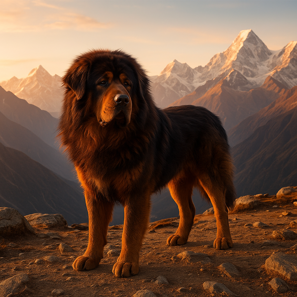 Tibetan Mastiff en profil sur un plateau rocheux au lever du soleil