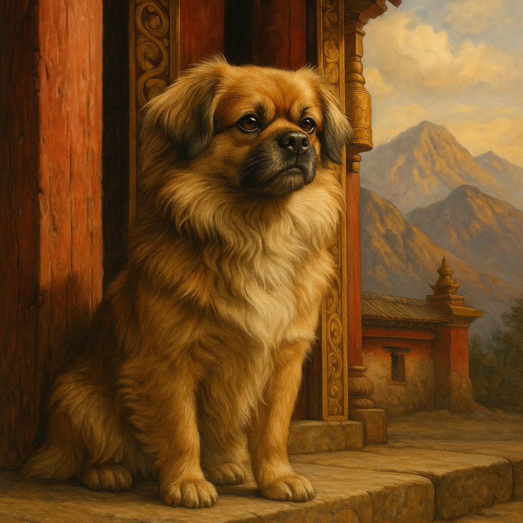 Tibetan Spaniel assis devant un temple tibétain en posture de garde