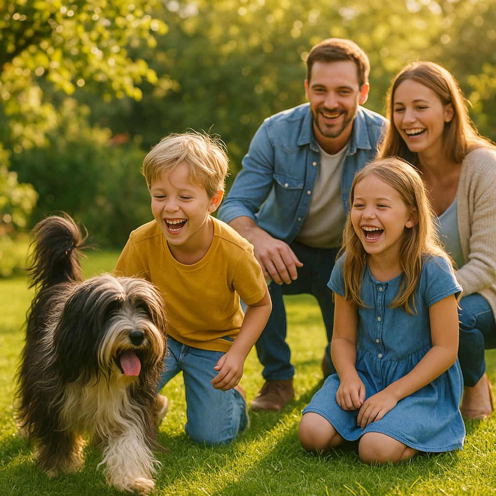 Tibetan Terrier jouant avec des enfants dans le jardin