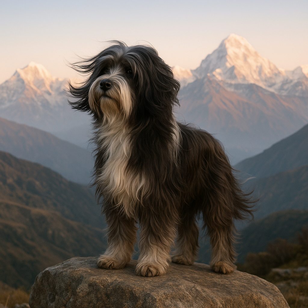 Tibetan Terrier posant sur un rocher himalayen