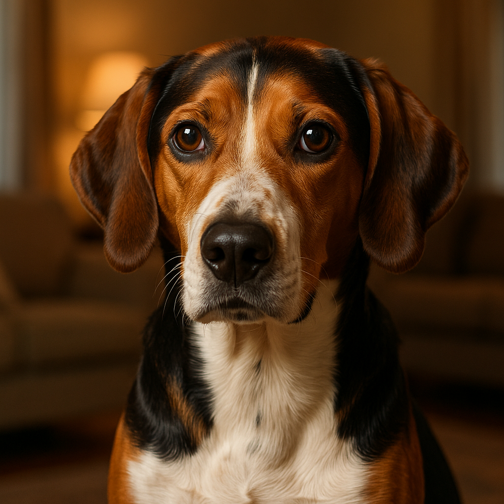 Gros plan sur un Treeing Walker Coonhound dans un intérieur chaleureux