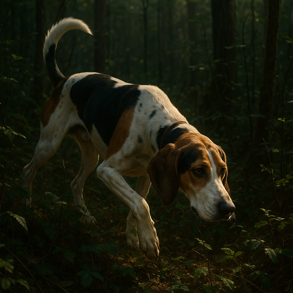 Treeing Walker Coonhound en forêt sur le point de suivre une piste