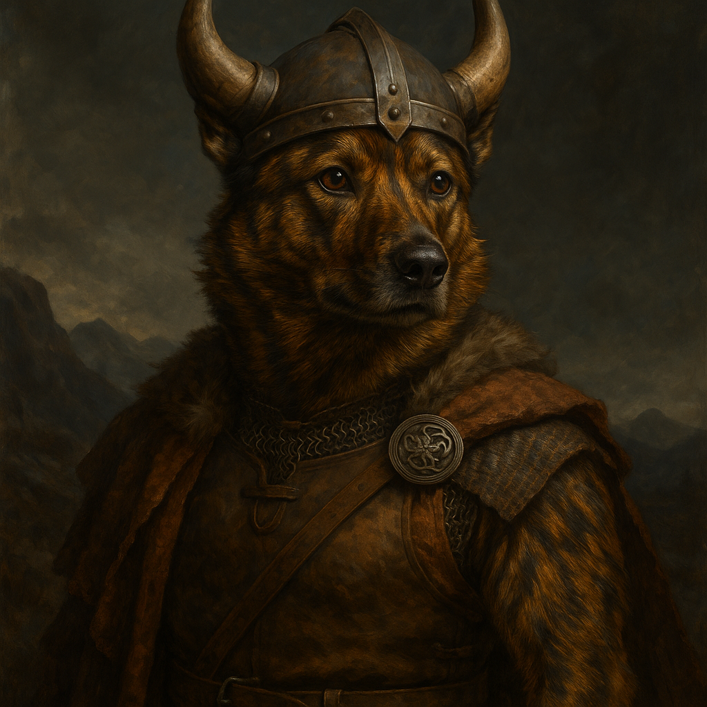 Portrait dramatique d’un Swedish Vallhund en armure viking