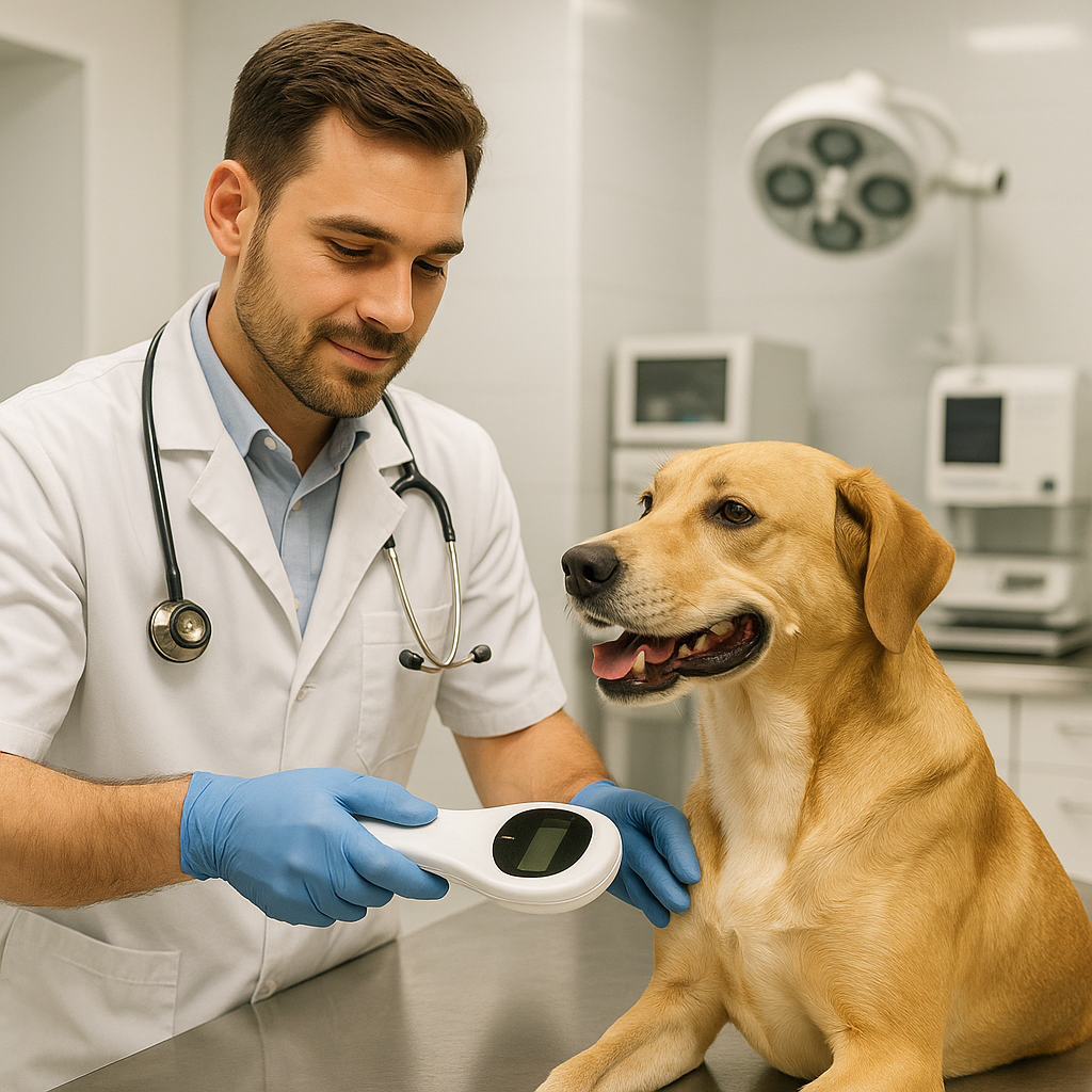 Vétérinaire scannant la puce électronique d'un chien dans un cabinet moderne