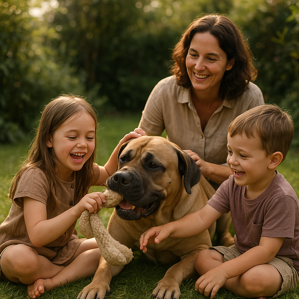 Boerboel jouant dans le jardin avec des enfants