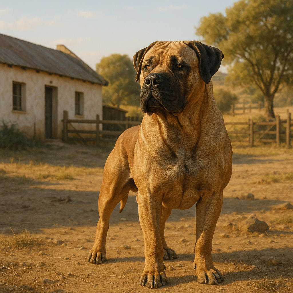 Boerboel debout dans la cour d'une ferme sud-africaine, vigilant