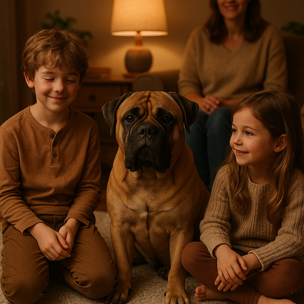Bullmastiff assis calmement à côté d'enfants dans un salon chaleureux