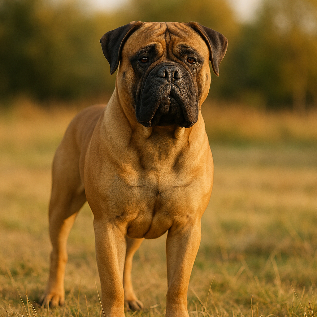 Portrait réaliste d'un Bullmastiff debout dans un champ ensoleillé