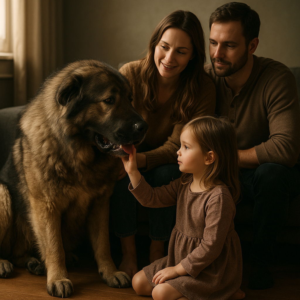 Caucasian Shepherd Dog auprès d'une famille en intérieur